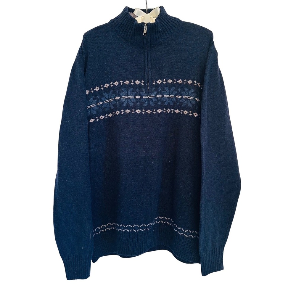 Haggar‎ Lambswool Cotton Blend 1/4 Zip Fair Isle Nordic Men's Sz L Navy Sweater